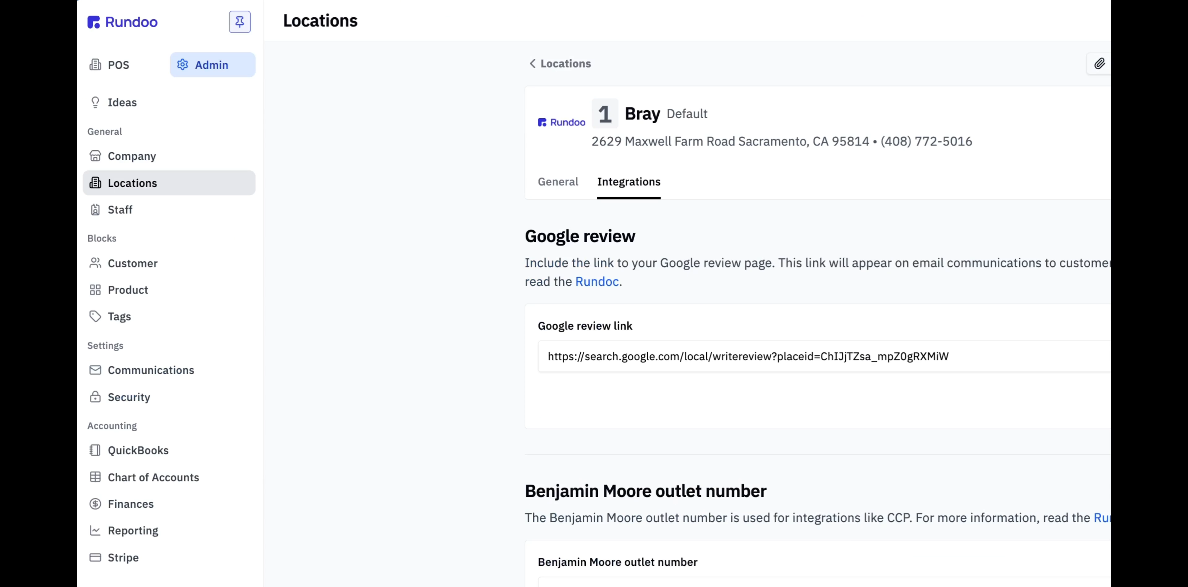 Locations Integrations tab with the Google review link field filled in