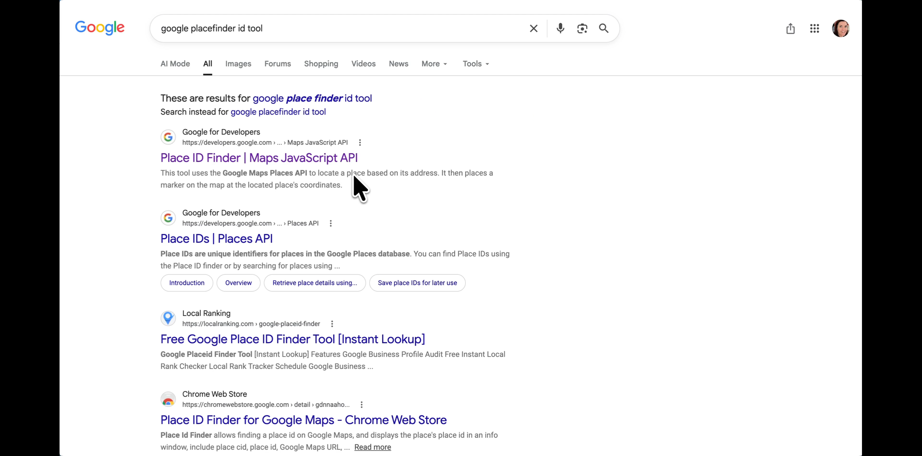 Google search results pointing to Google's Place ID Finder tool