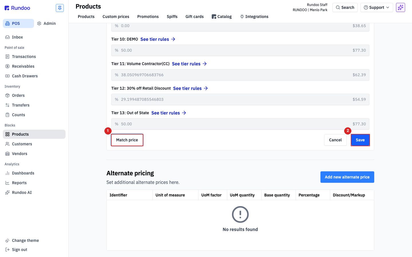 Bottom of the edit card: grayed-out rule-based tiers with See tier rules links, the Match price button, Save, and the Alternate pricing section with an Add new alternate price button