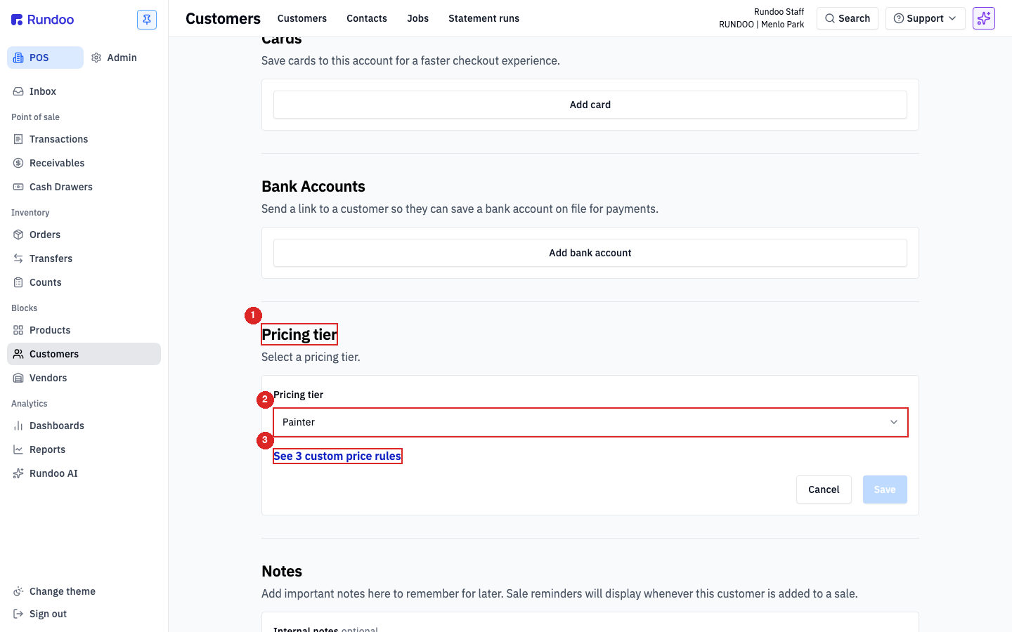 A customer's Settings tab in POS, showing the Pricing tier section with a dropdown of every tier and a link to see custom price rules