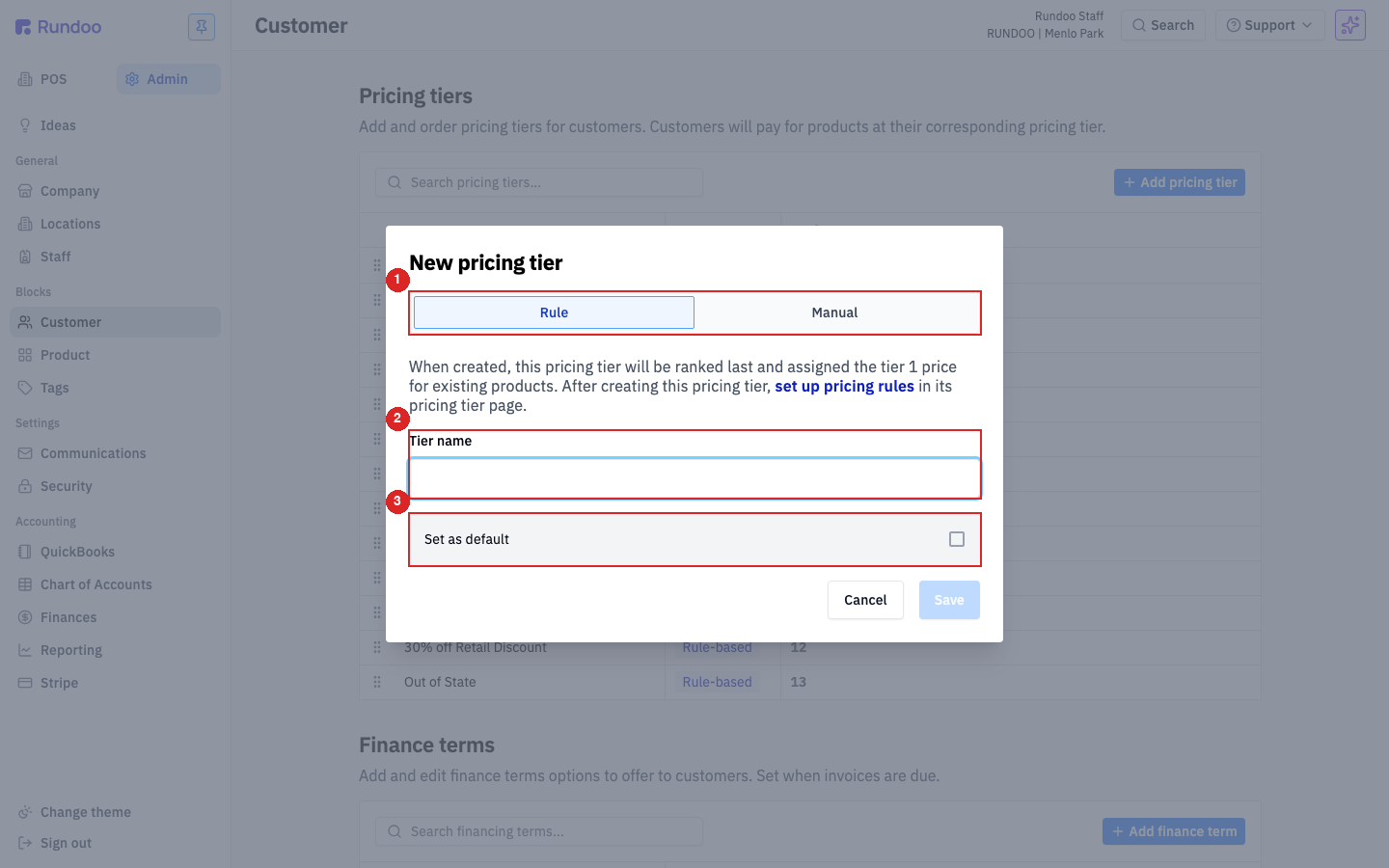 The New pricing tier window with the Rule / Manual toggle set to Rule, a Tier name field, and a Set as default checkbox