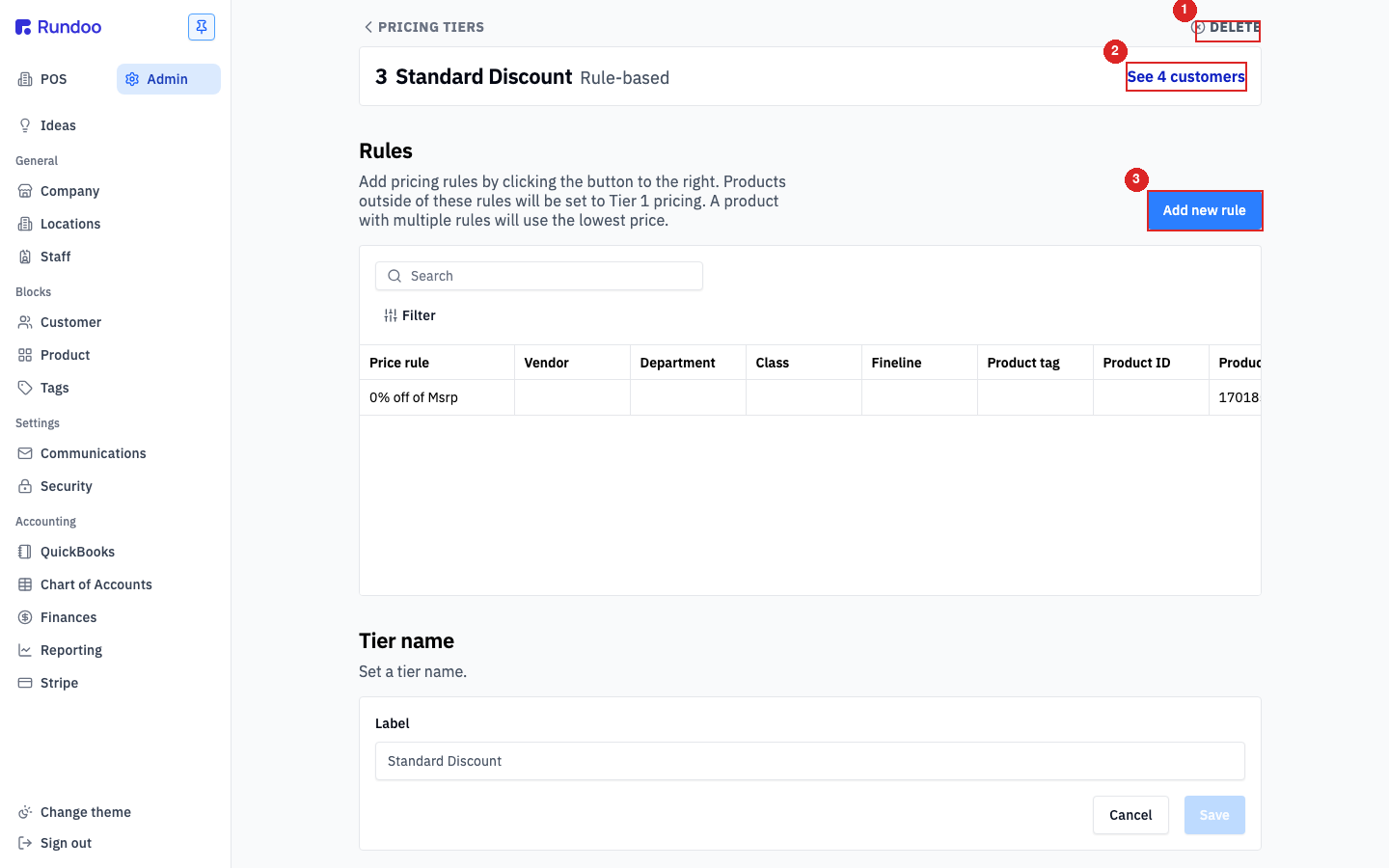 A rule-based tier's detail page showing the Rules section, the + Add new rule button, and a rules table with columns for Vendor, Department, Class, Fineline, Product tag, Product ID, and Product