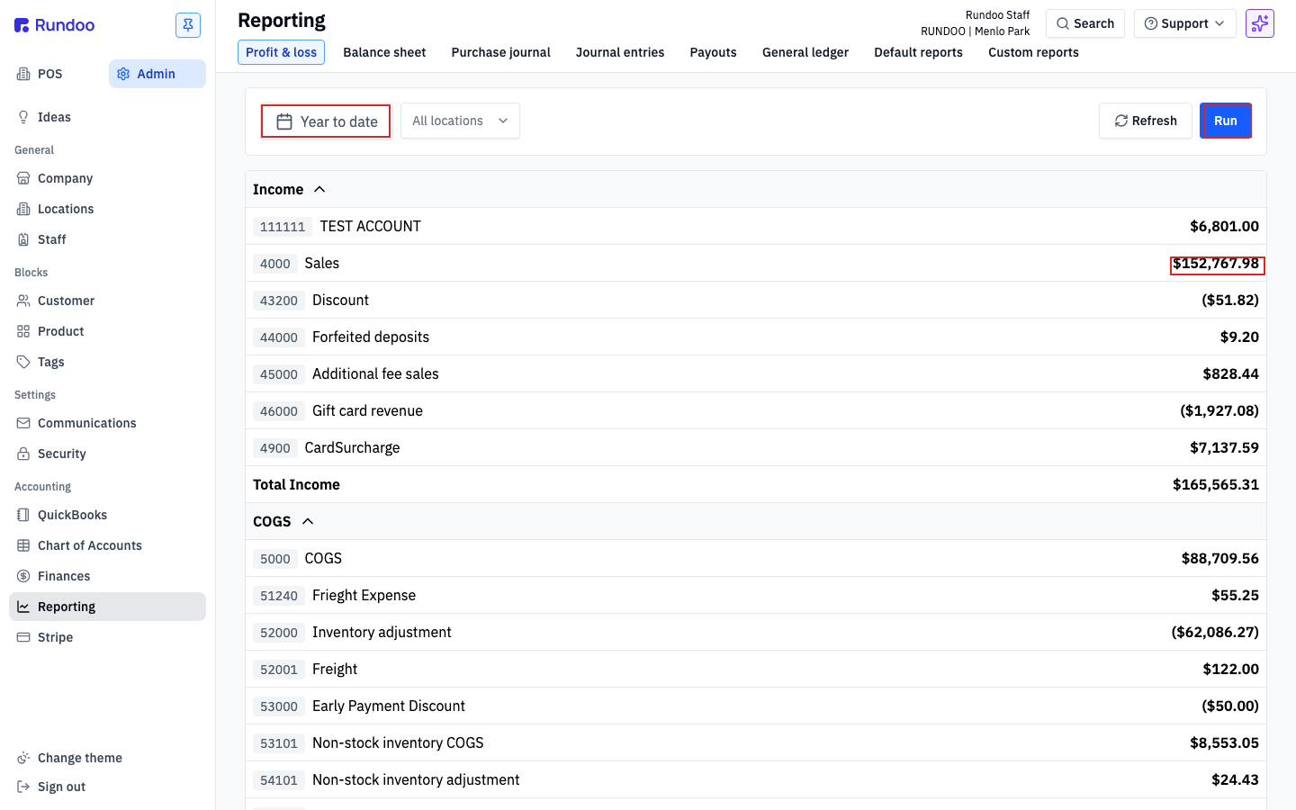 Profit and loss report grouped into income, COGS, gross profit, expense, and net profit, with date and location filters