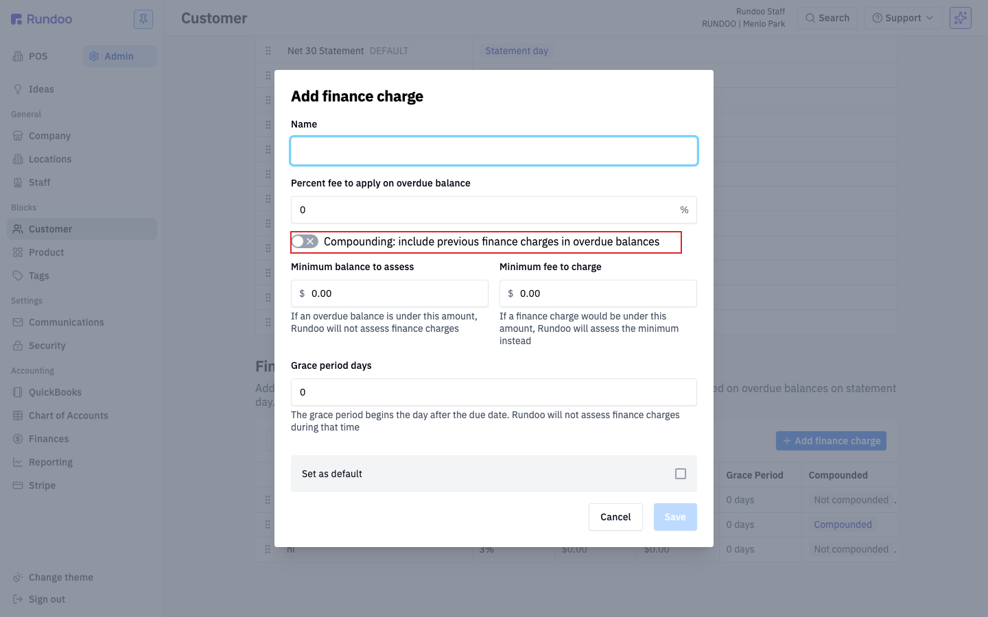 The Add finance charge modal with Name, Percent fee, Compounding, Minimum balance to assess, Minimum fee, Grace period days, and Set as default fields