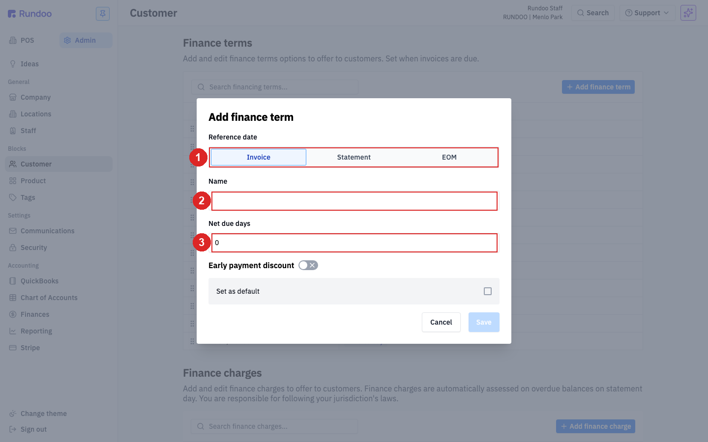 The Add finance term modal with Reference date, Name, Net due days, Early payment discount, and Set as default fields