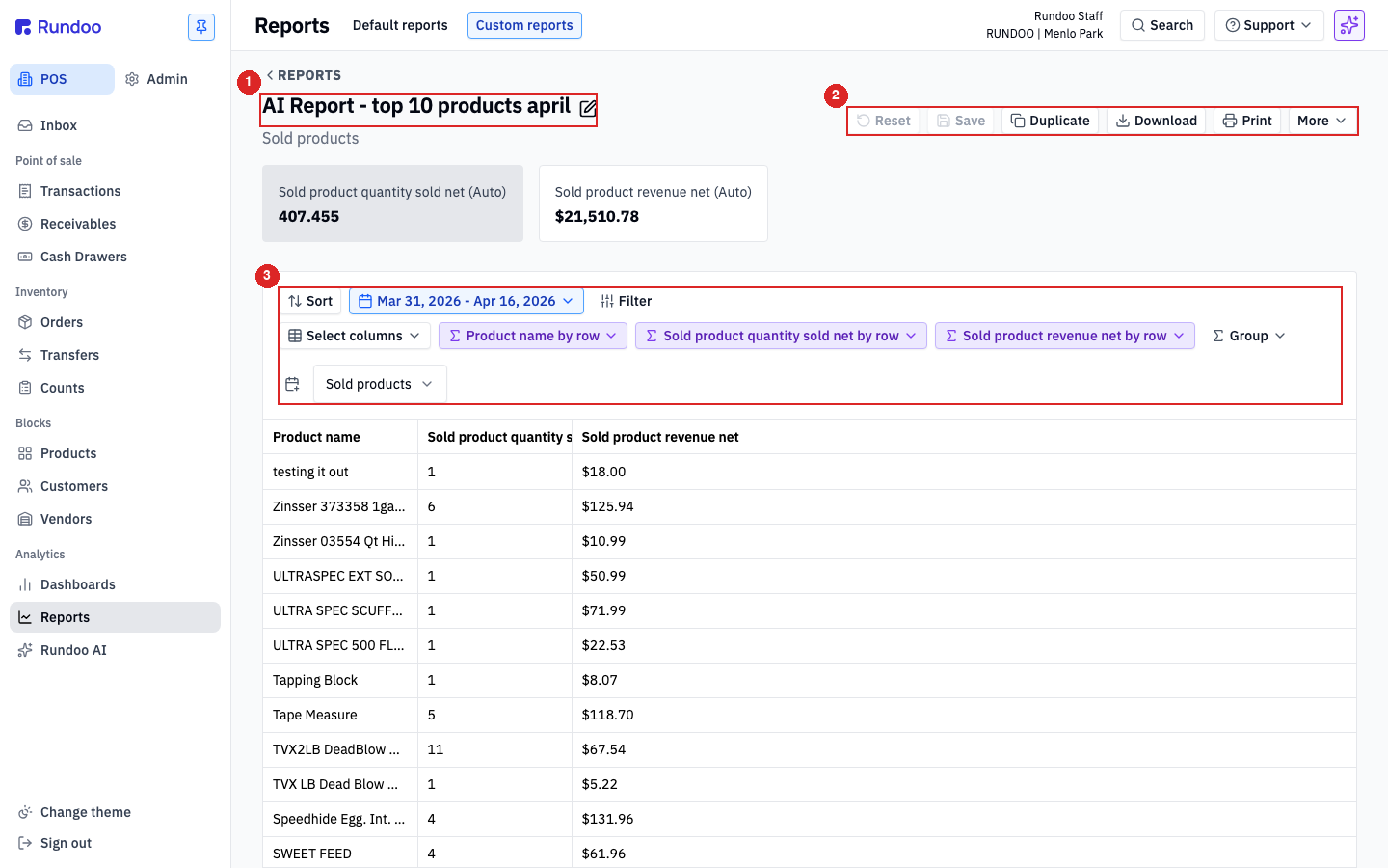 An open report showing the totals tiles at the top, the row of shaping pills (Sort, Date range, Filter, Select columns, Group), and the top-right action cluster with Download and Print