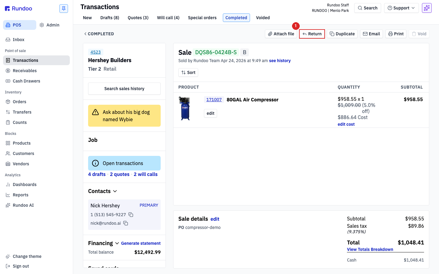 A completed sale detail page with the Return button highlighted in the top-right action cluster