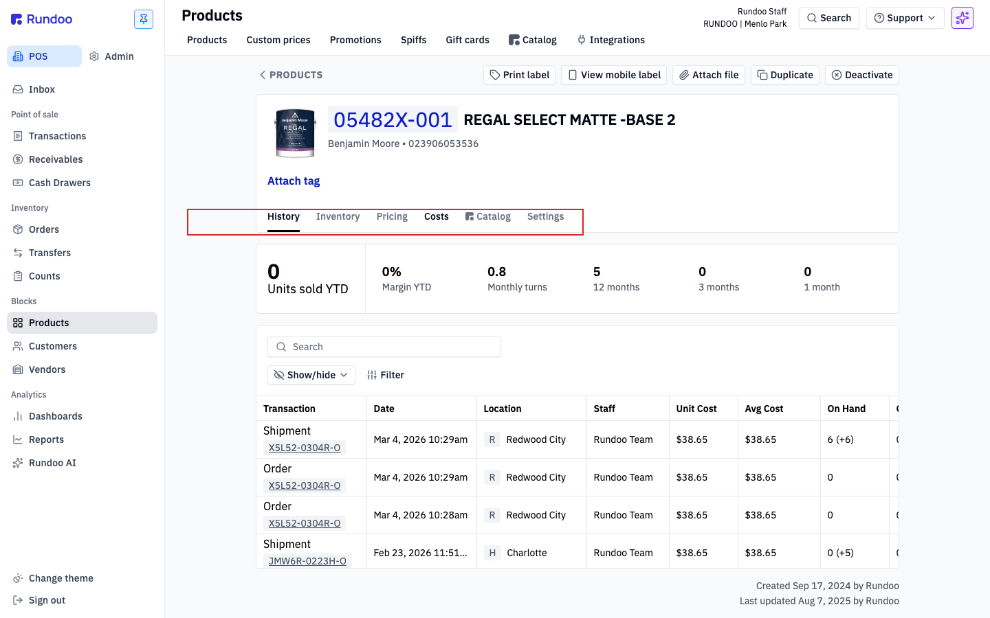 A product detail page with the History, Inventory, Pricing, Costs, Catalog, and Settings tabs across the top