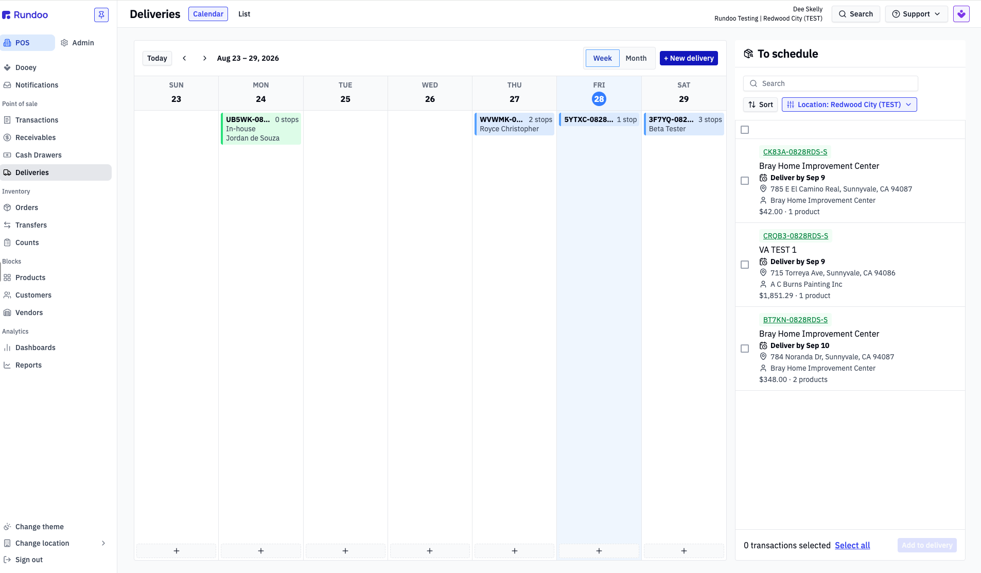 The Deliveries tab, showing the delivery calendar and the To schedule panel on the right