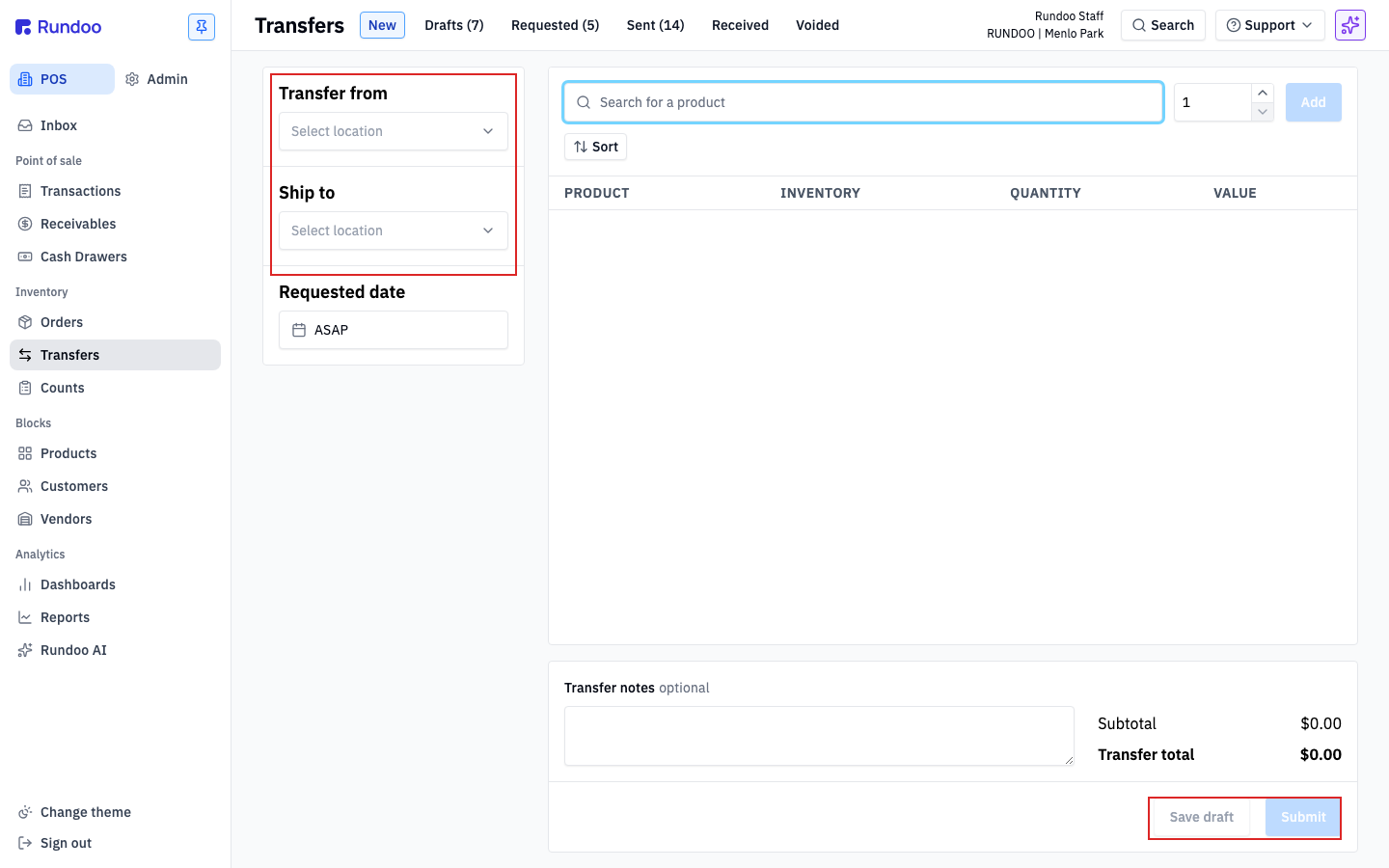New transfer builder with Transfer from and Ship to location pickers and Save draft and Submit buttons