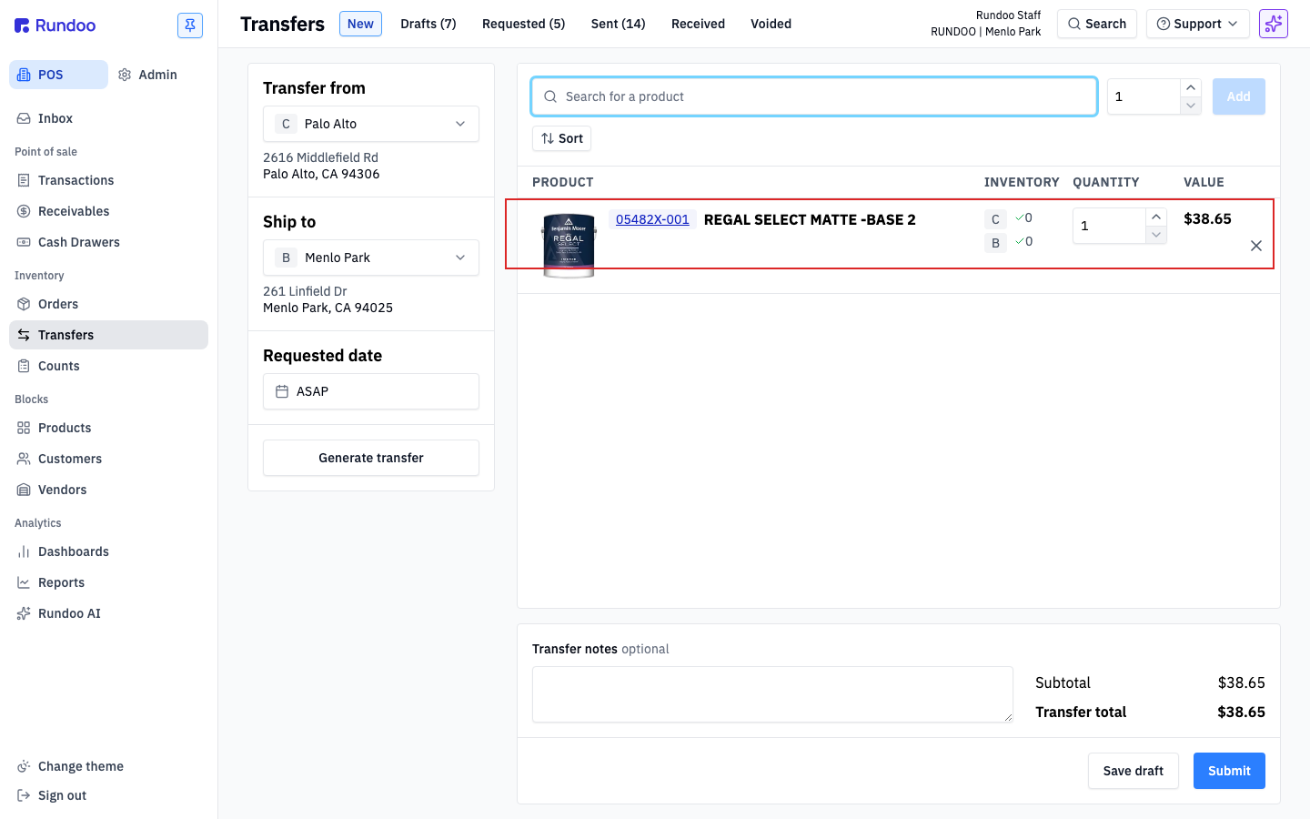 A product line on a transfer showing on-hand inventory at both locations, a quantity stepper, and its value