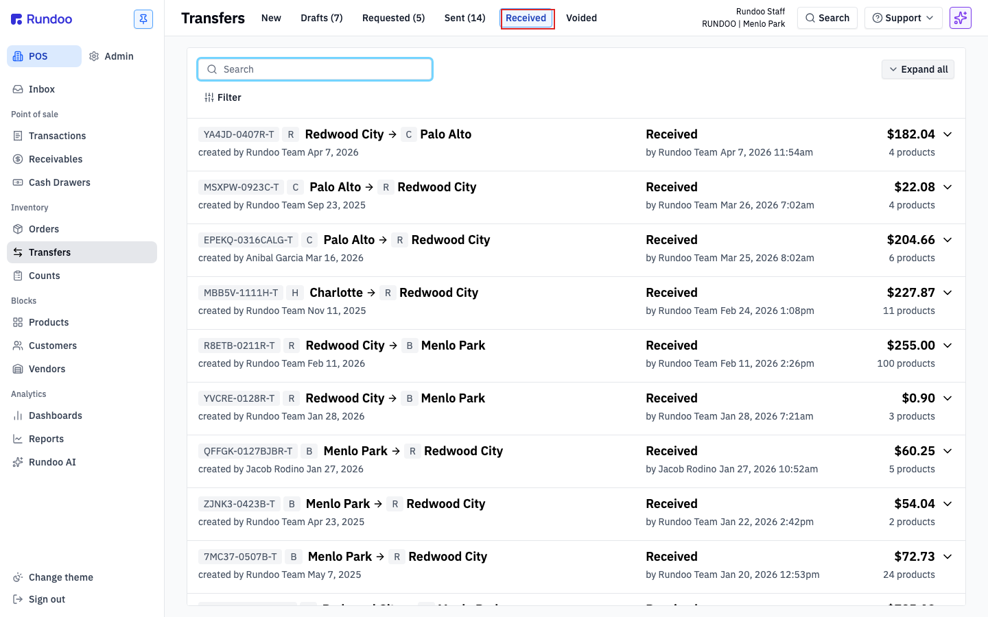 Transfers page with the Received tab selected, listing completed transfers with origin, destination, and value