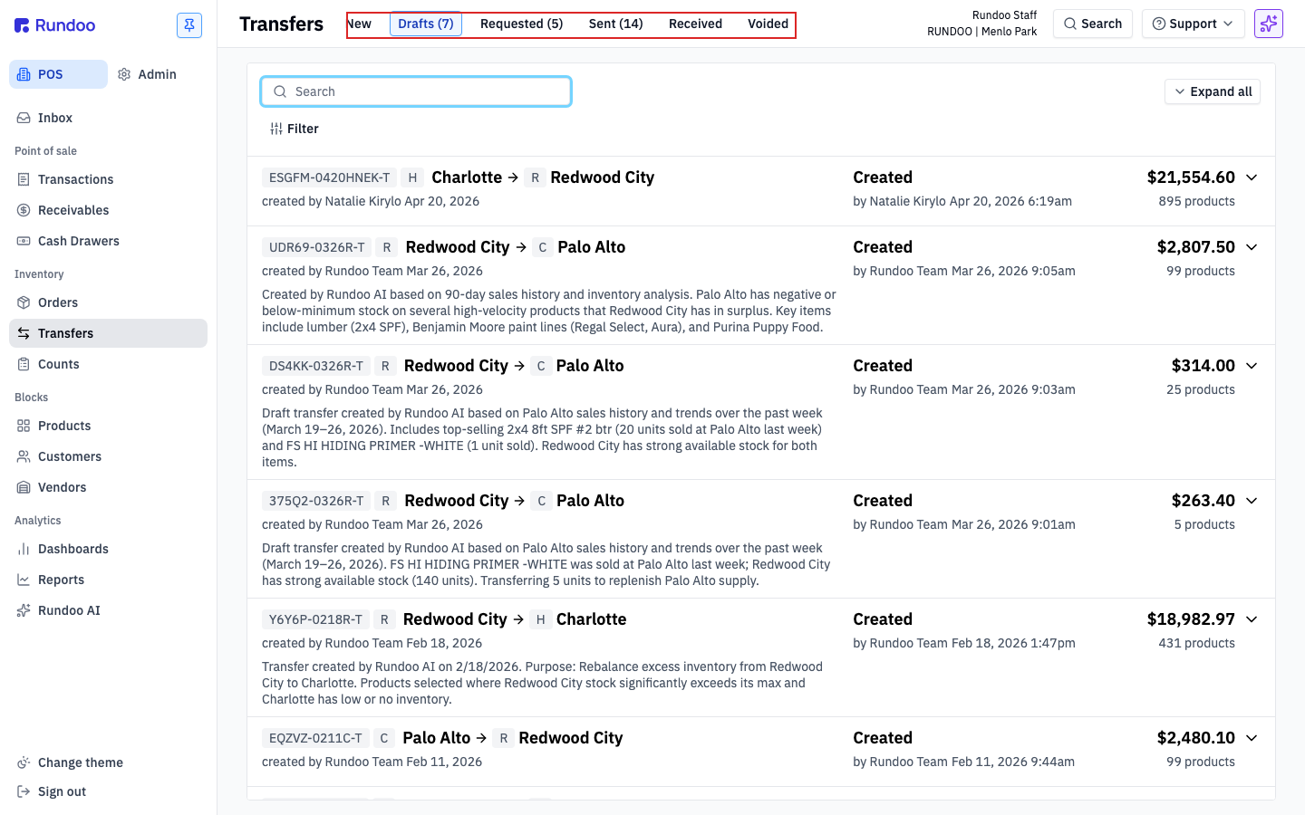 Transfers page in POS with the top tabs New, Drafts, Requested, Sent, Received, and Voided