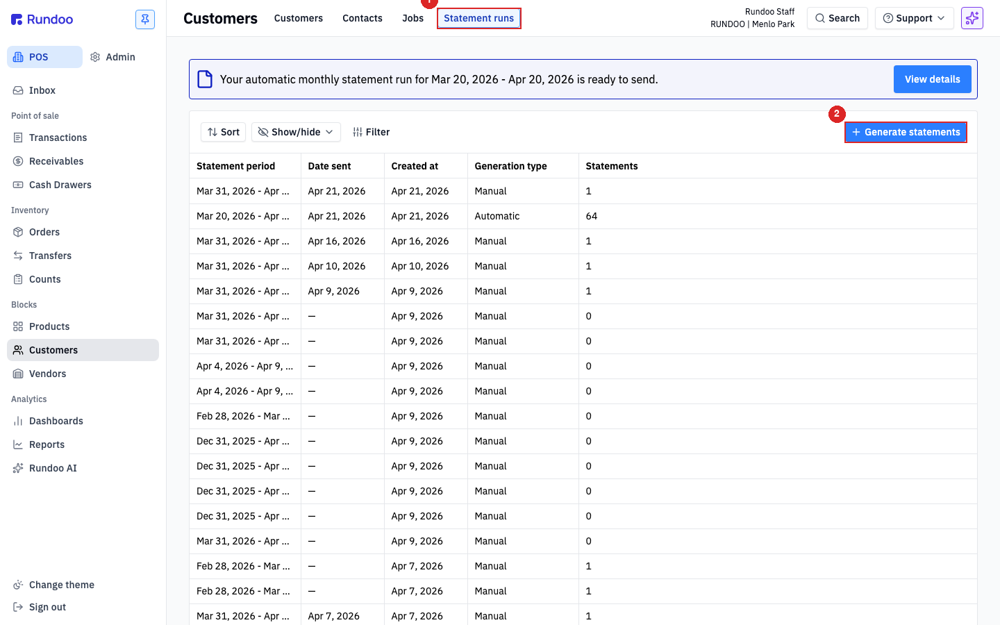Statement runs tab with a ready-to-send banner above a table of past runs and a Generate statements button