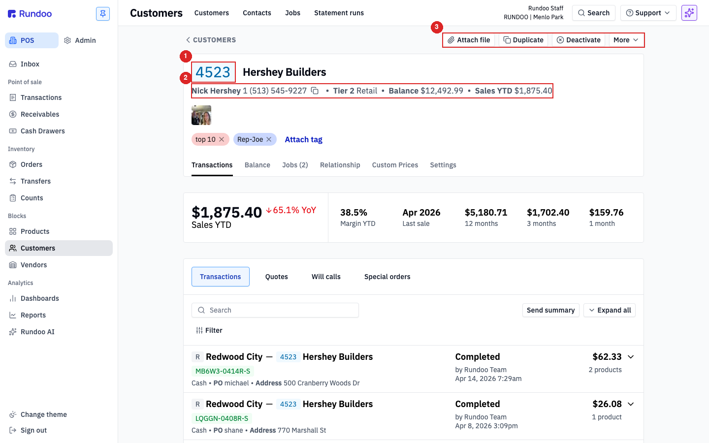 A customer detail page in Rundoo POS with the tab row highlighted, including the Settings tab on the right