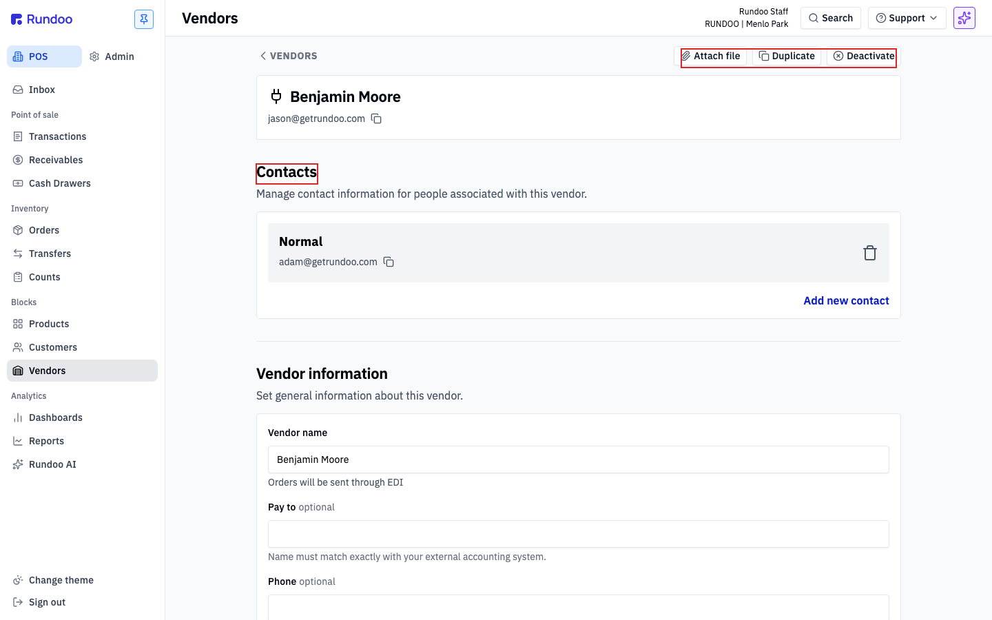 The vendor detail page for Benjamin Moore, showing the Contacts section and the Vendor information section with the Vendor name and Pay to fields, and a note that Pay to must match your external accounting system exactly