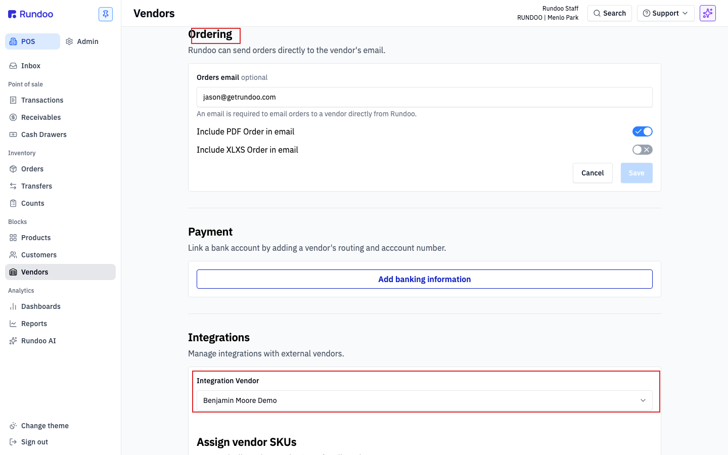The Ordering section of a vendor detail page, showing the Orders email field with Include PDF Order in email toggled on and Include XLXS Order in email toggled off