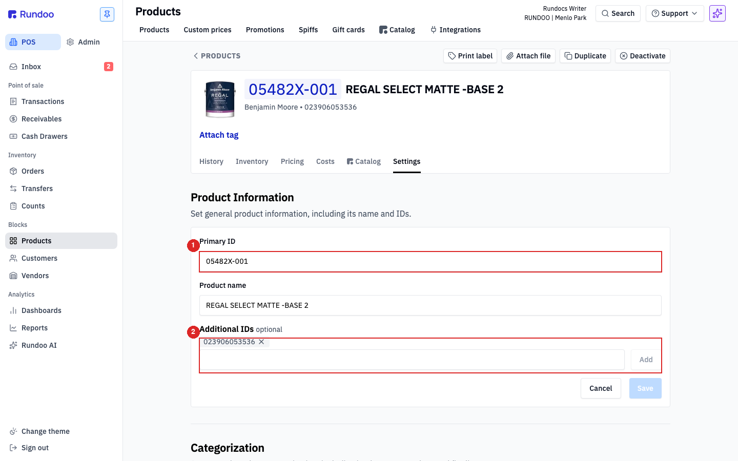 A product's Settings tab in Rundoo with the Additional IDs field where you scan to attach a barcode