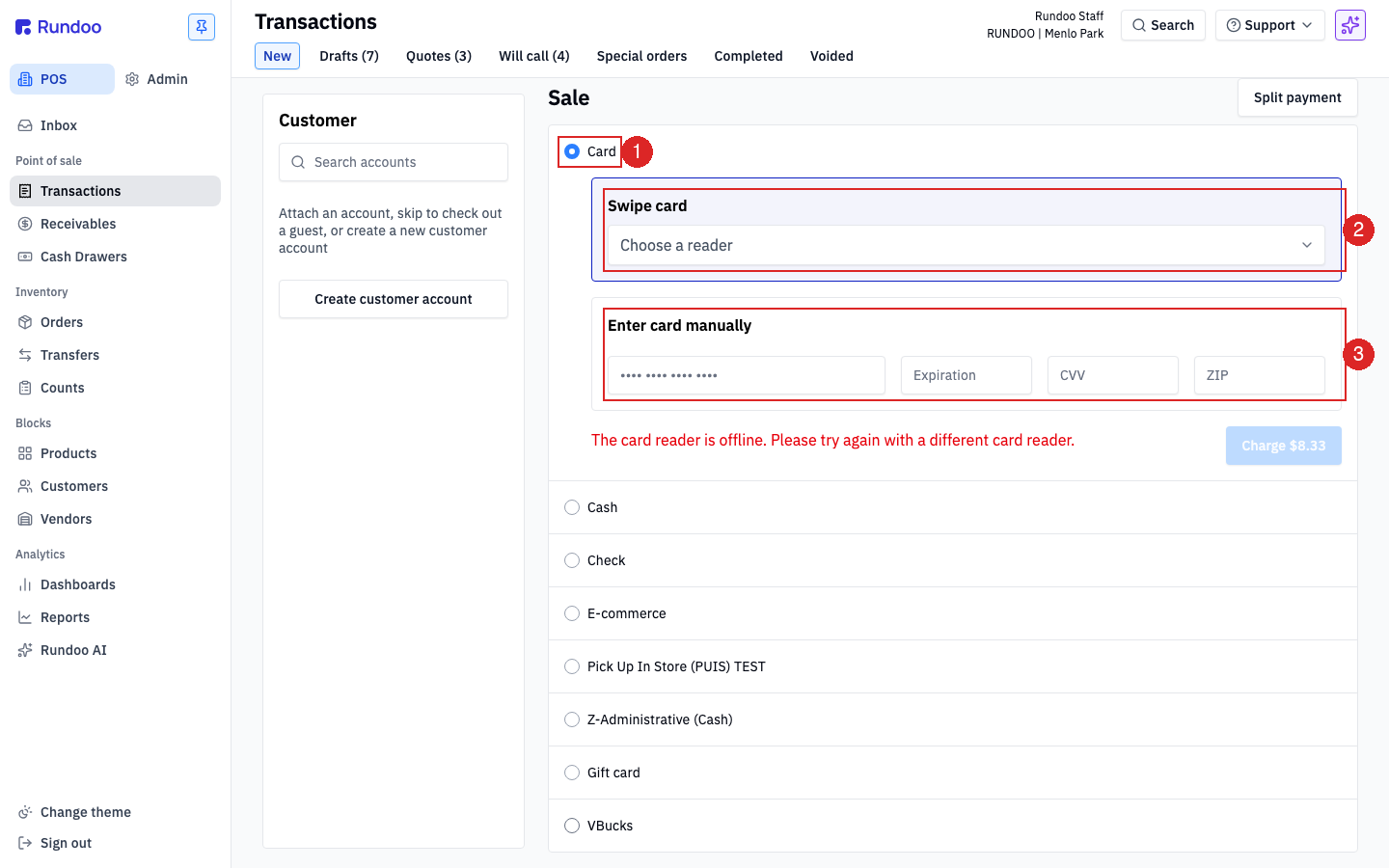 Rundoo sale with Card payment selected, showing the Choose a reader dropdown in the payment panel