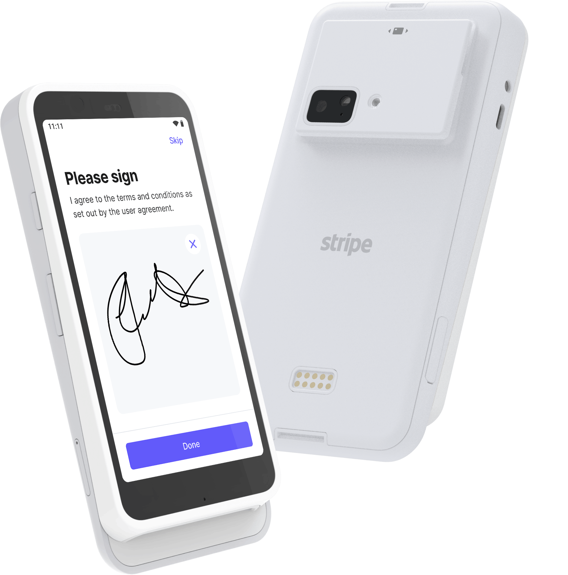 A white Stripe card reader with a touchscreen showing a customer signature prompt