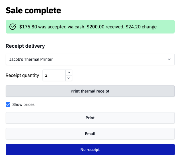 The receipt-printing screen in Rundoo with the thermal printer selected