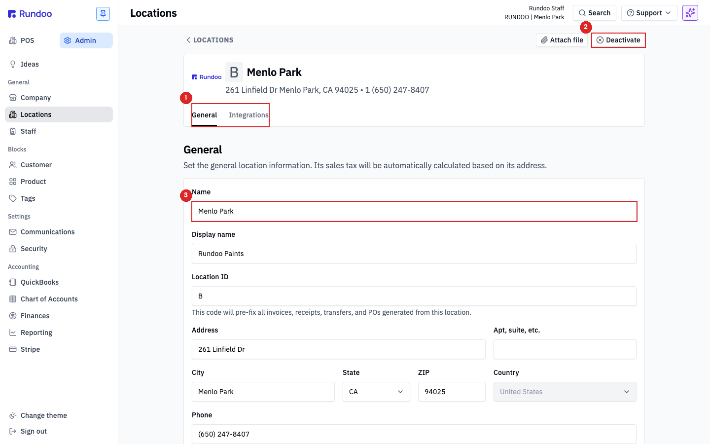 A location's detail page open on the General tab, showing editable fields like Name, Display name, Location ID, Address, and Phone