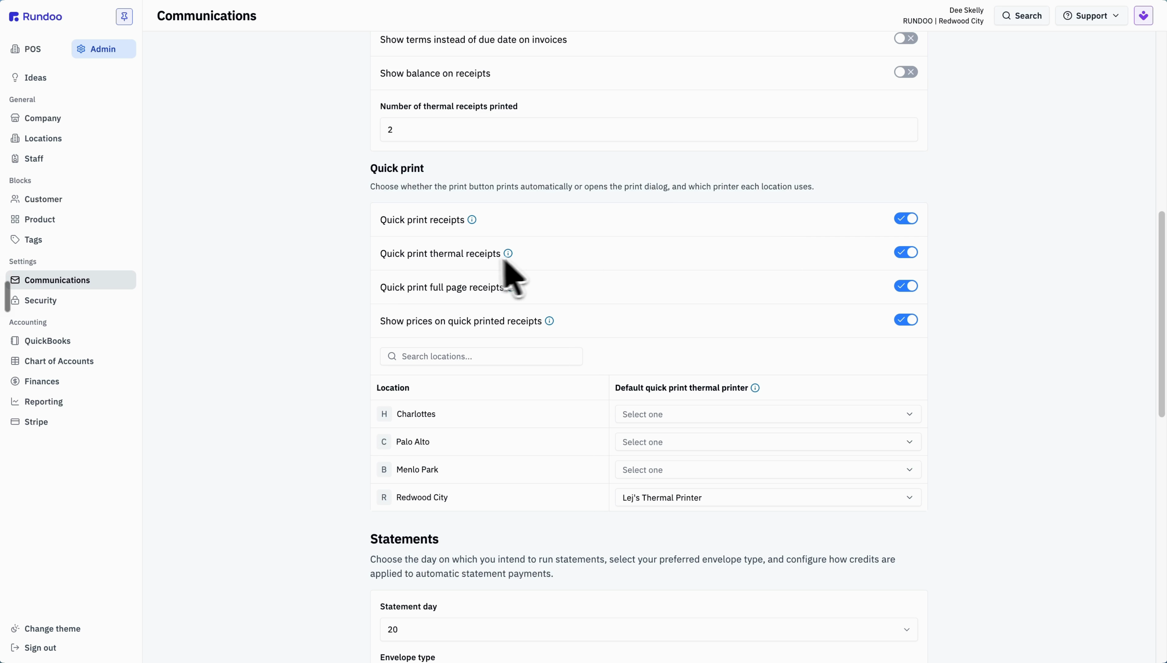 The Communications settings page showing the Number of thermal receipts printed field and the Quick print toggles