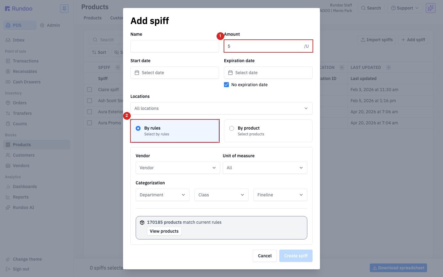 Add spiff form with fields for name, amount, dates, locations, and a By rules or By product toggle