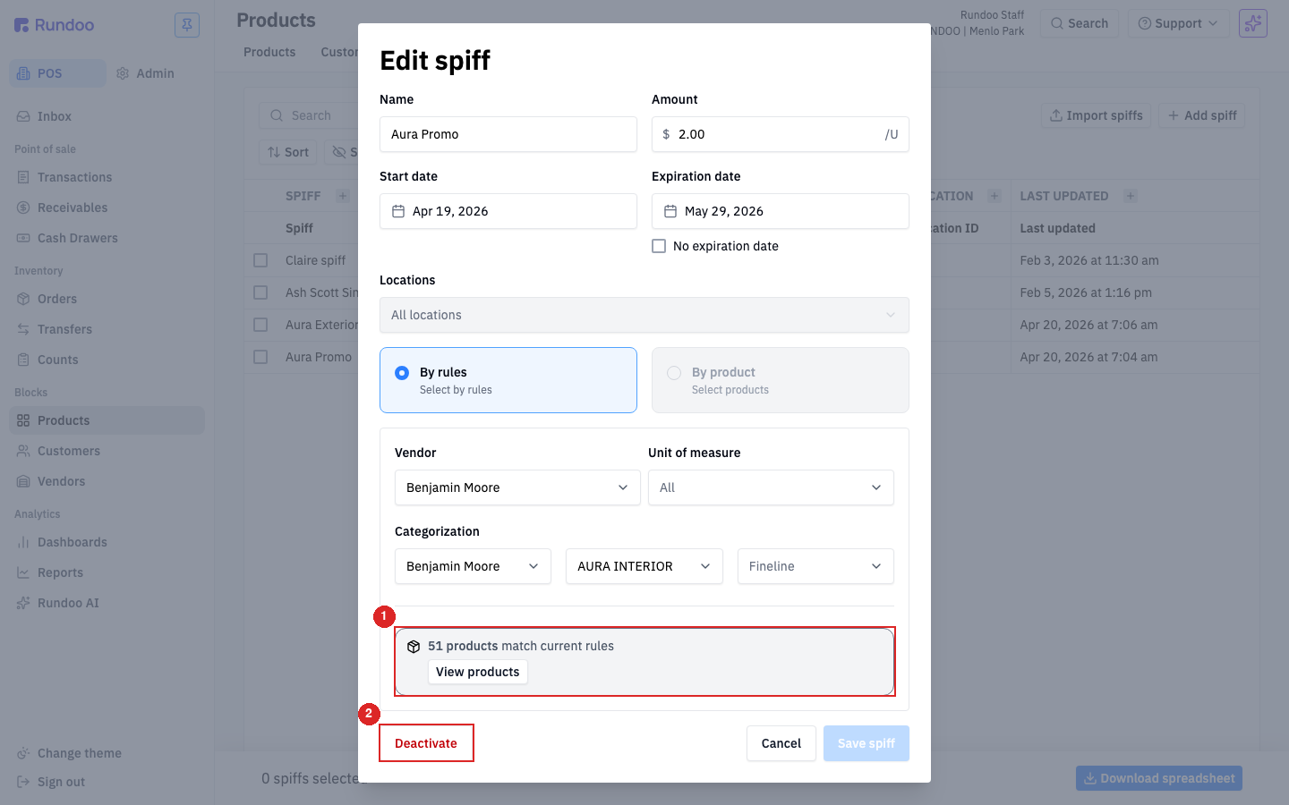 Edit spiff form showing the matching product count and the Deactivate, Cancel, and Save spiff buttons