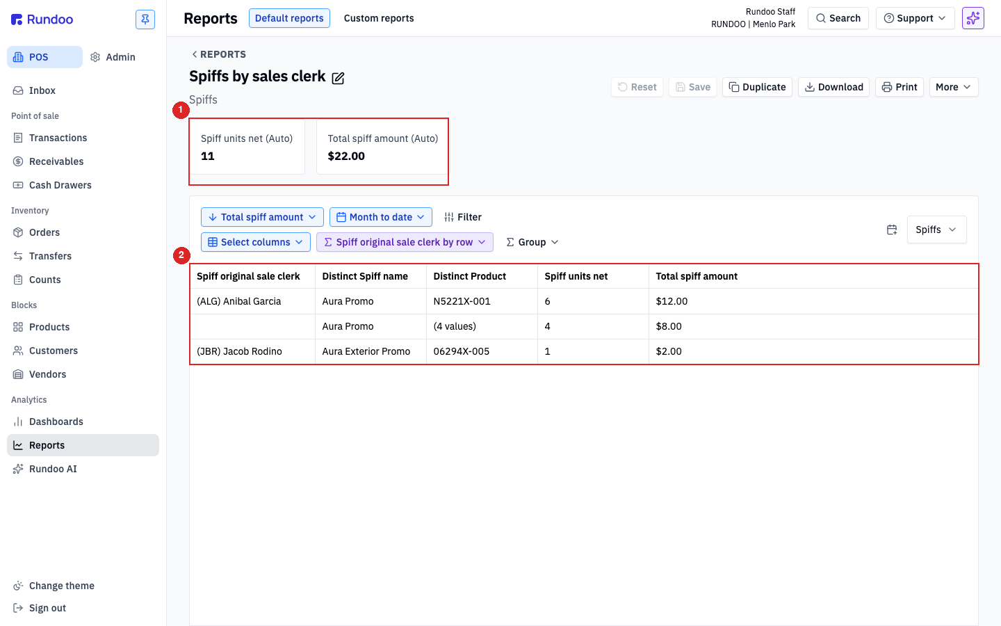 Reports page showing the Spiffs by sales clerk report with summary totals and a table grouped by clerk