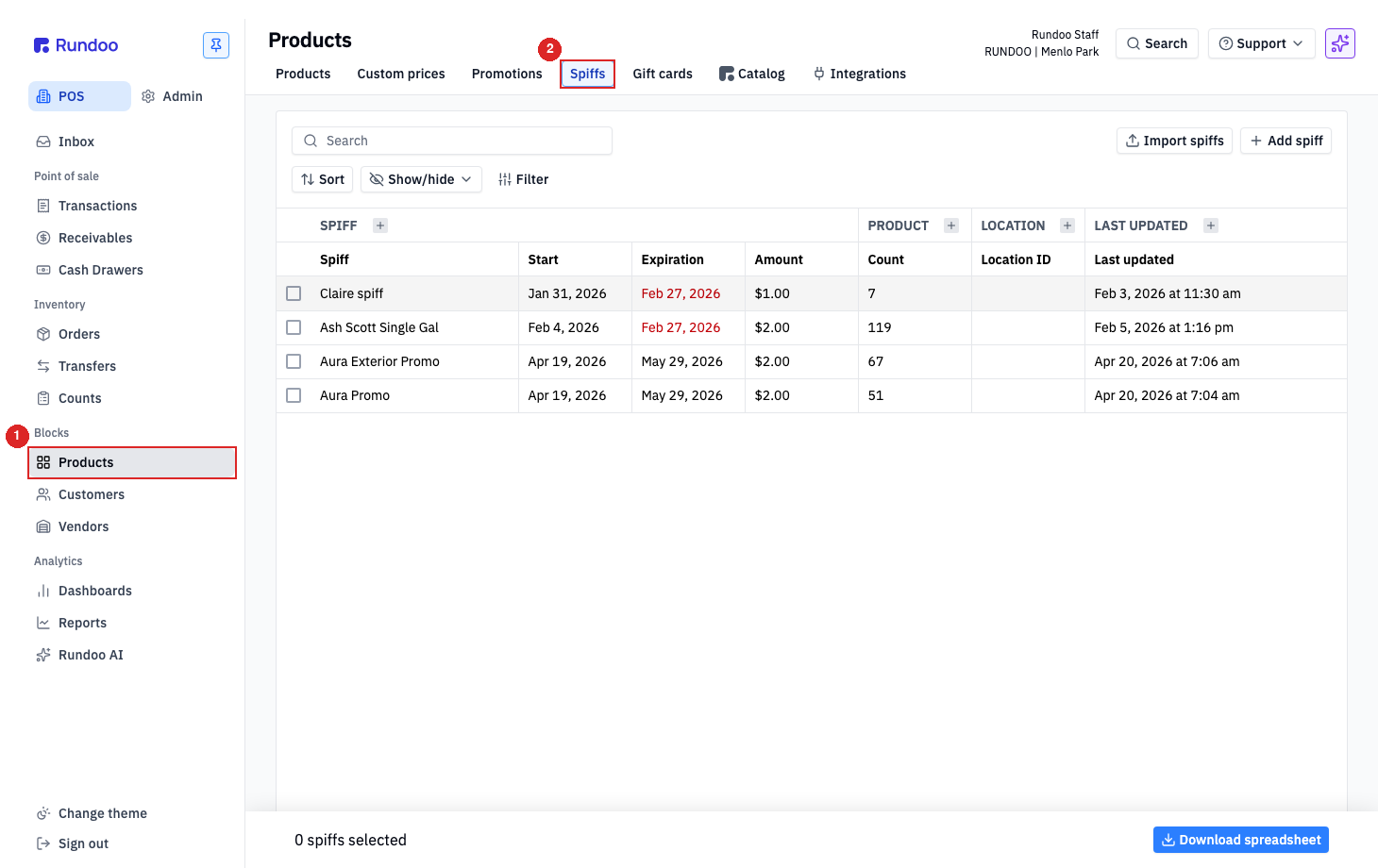 Products page, Spiffs tab, listing spiffs with their dates, per-unit amounts, and product counts