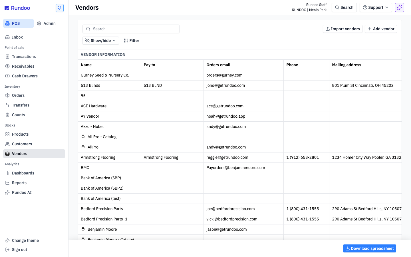 Vendors tab listing supplier names with their contact info and mailing addresses