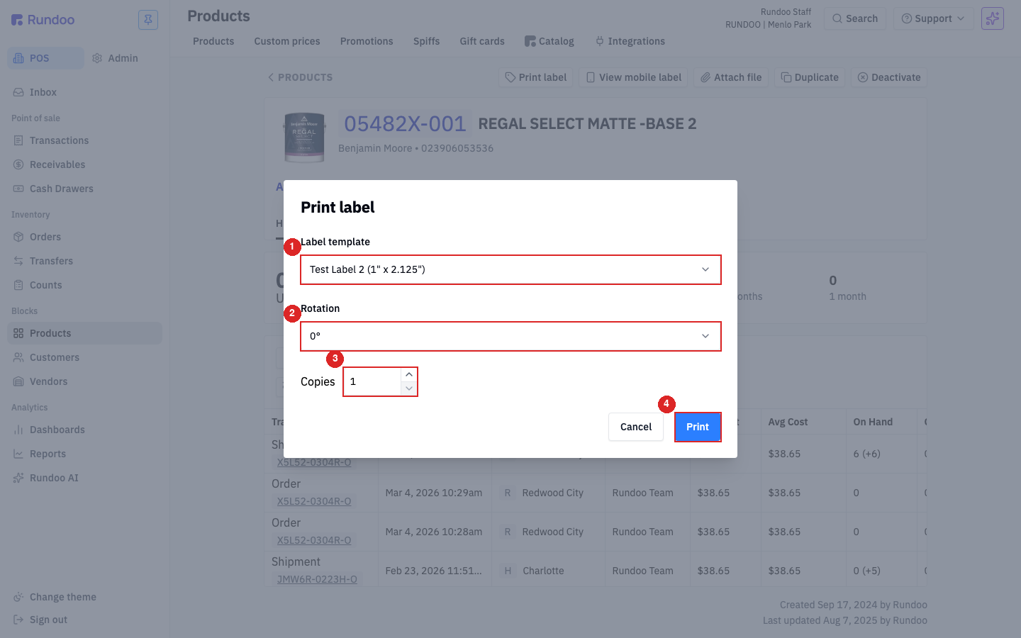 The Print label dialog showing Label template, Rotation, and Copies fields, with a blue Print button
