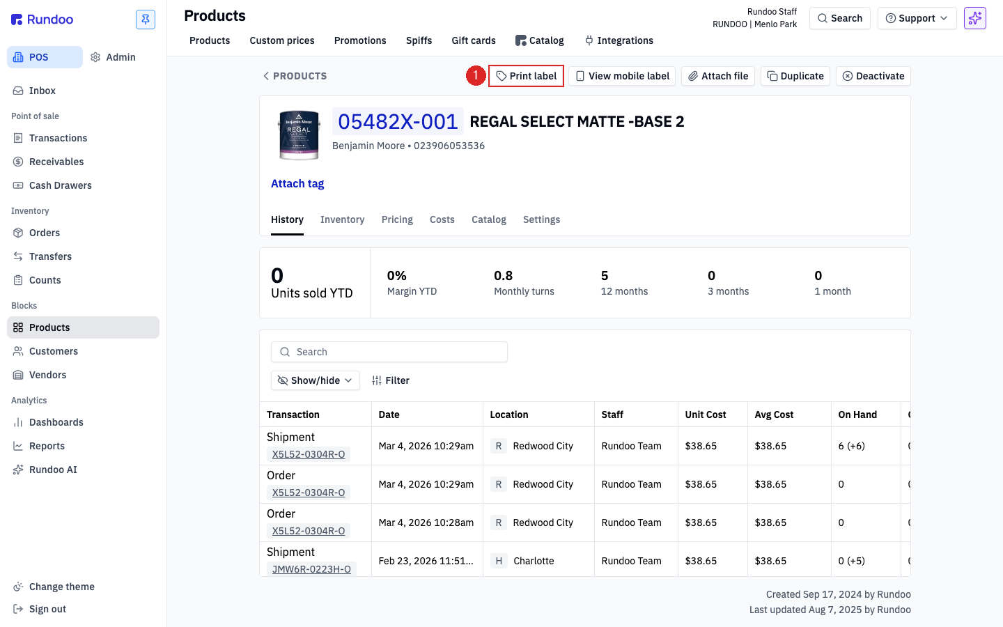 A product detail page in Rundoo with the Print label button highlighted in the top-right action row, next to View mobile label