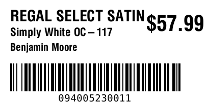 A printed shelf tag showing Regal Select Satin, Simply White OC-117, Benjamin Moore, price 57.99, and a barcode