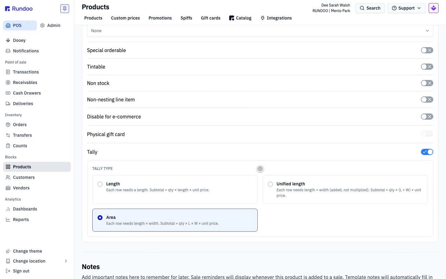 The Cut-to-Size Plywood product Settings page with the Tally toggle switched on and the Tally type options below it, Area selected