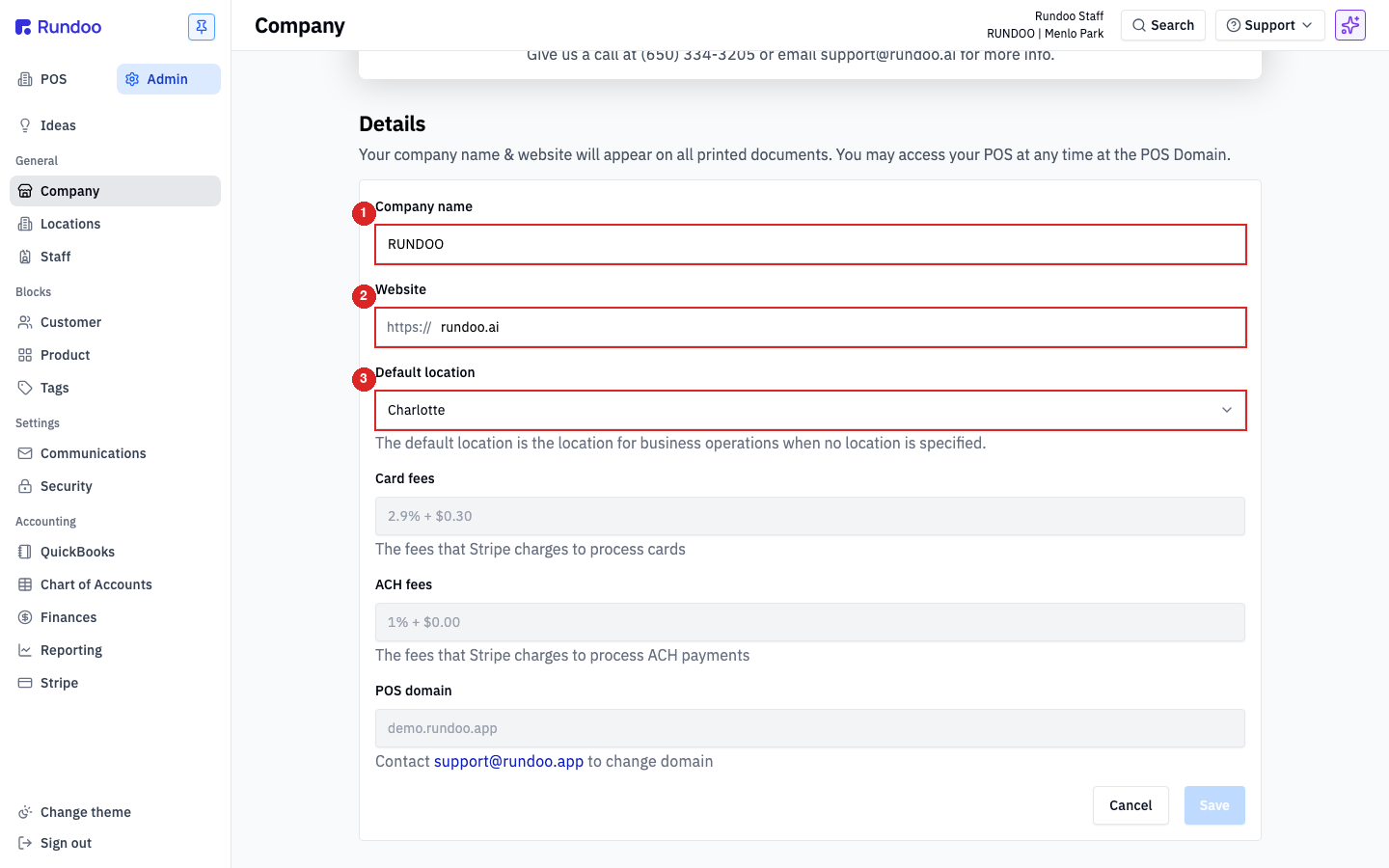 The Company Details section showing Company name, Website, Default location, and the read-only Card fees, ACH fees, and POS domain fields