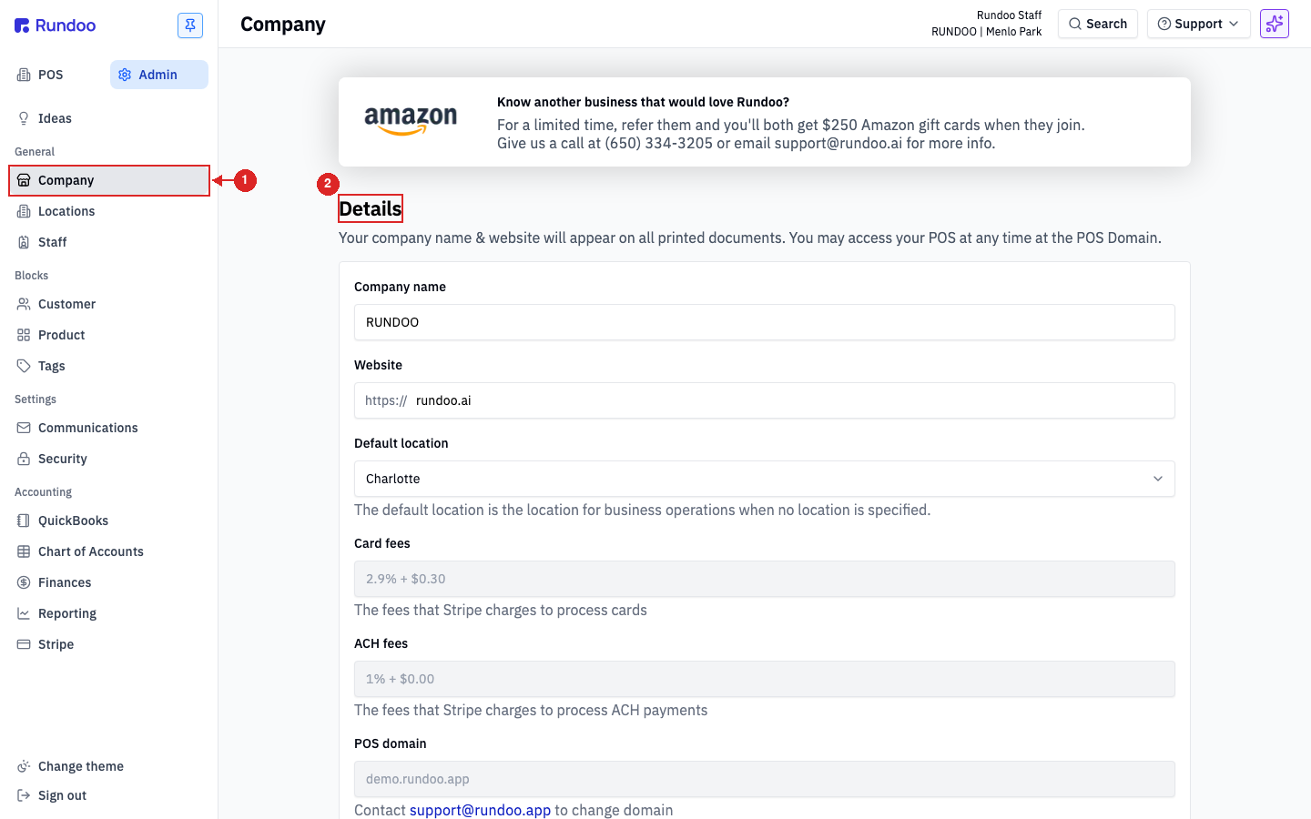 Rundoo Admin mode with the POS and Admin tabs at the top of the left sidebar and Company, Locations, and Staff listed under the General group