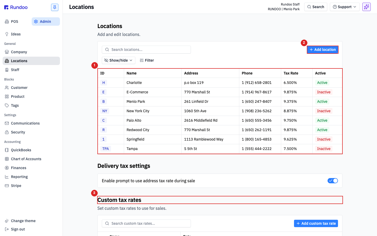 The Locations page showing the store table, the Add location button, the Delivery tax settings toggle, and the Custom tax rates section