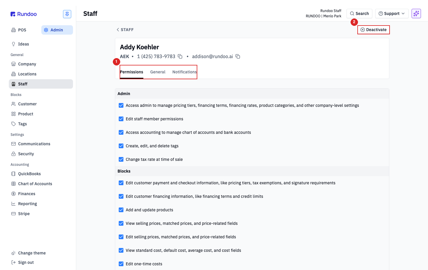 A staff member's Permissions tab with the top Admin checkbox and the Permissions, General, and Notifications tabs across the top