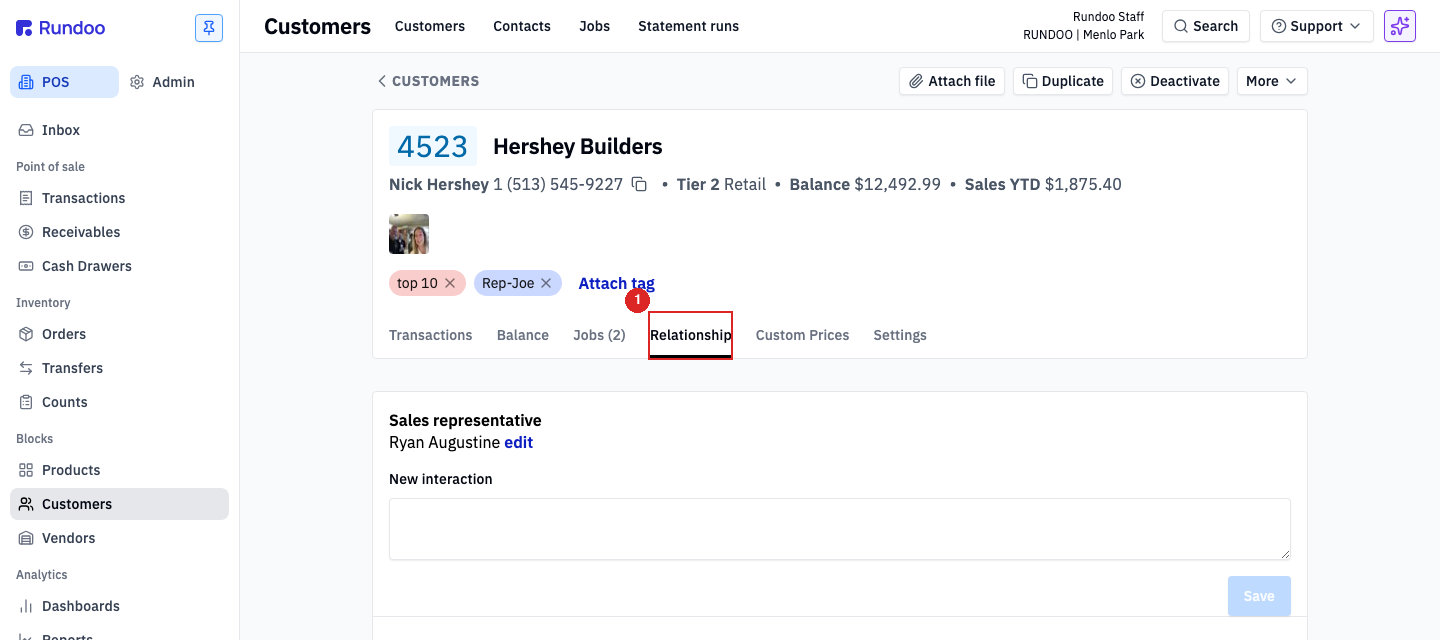 A customer profile with the Relationship tab highlighted, showing the Sales representative section and a New interaction box