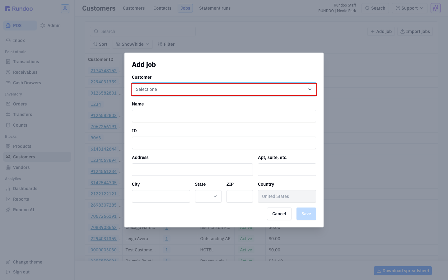The Add job form showing Customer, Name, ID, and Address fields