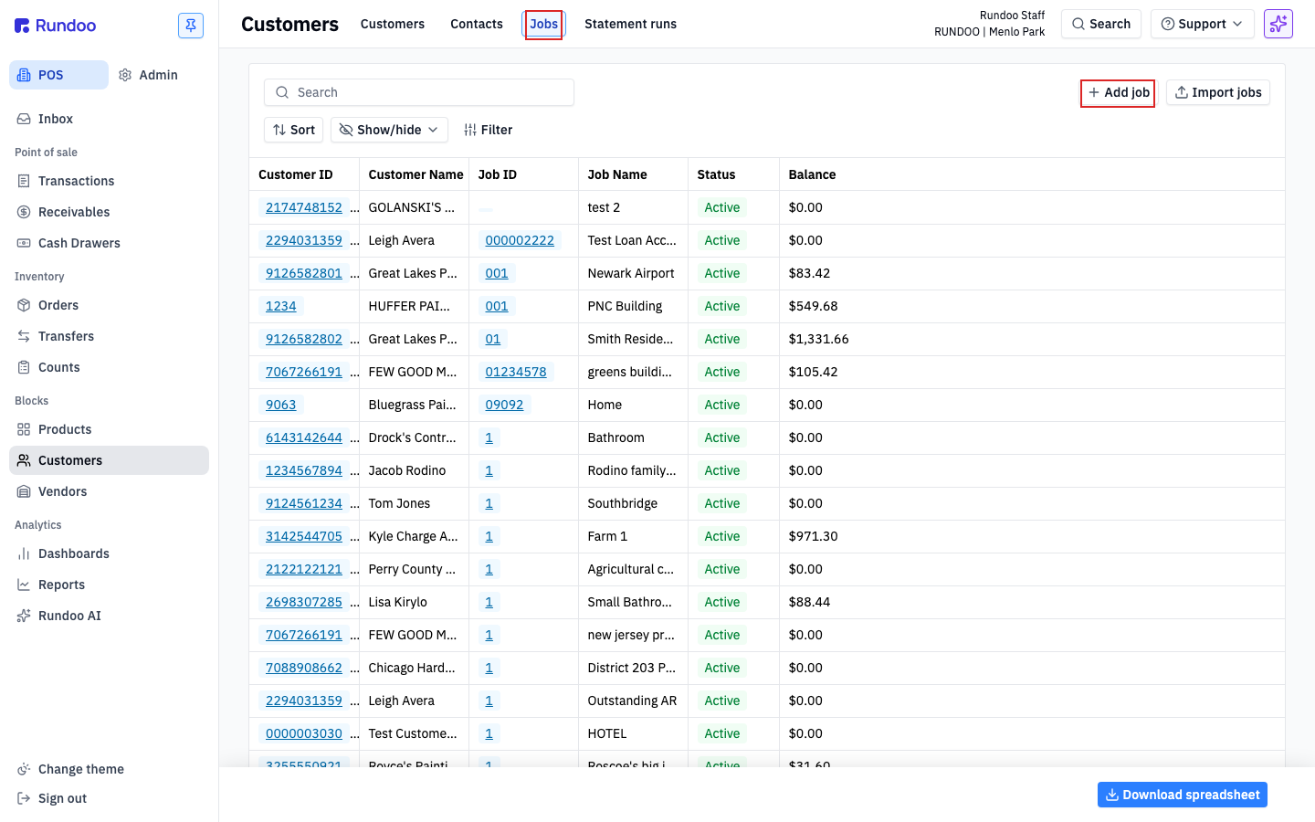 The Customers screen with the Jobs top tab selected, showing every job across all customers and the Add job button top-right