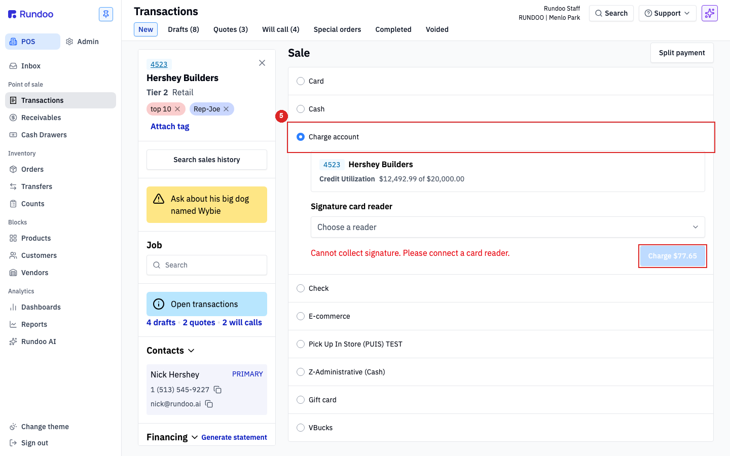The Rundoo payment panel with the Split payment button highlighted at the top-right, the tender list below, and the blue Charge commit button on the right