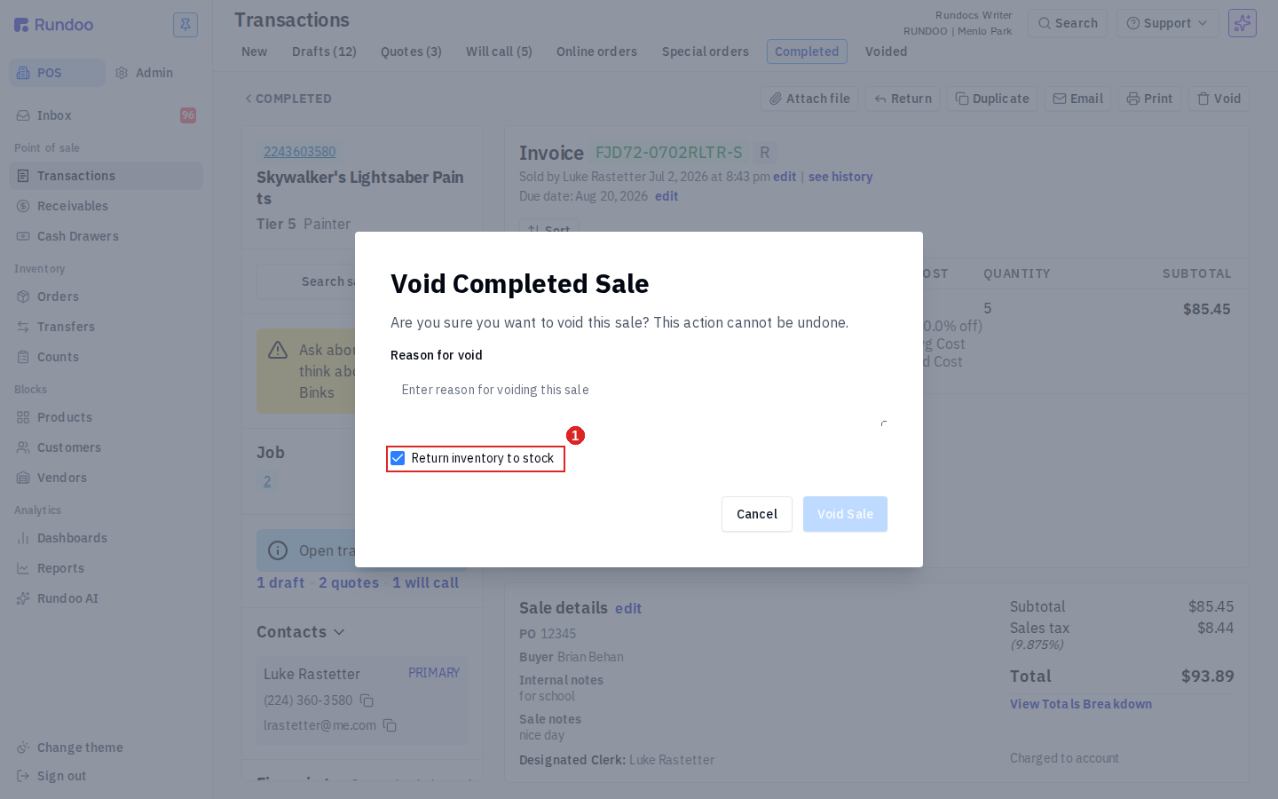 The Void Completed Sale dialog with a Reason for void field and the Return inventory to stock checkbox turned on