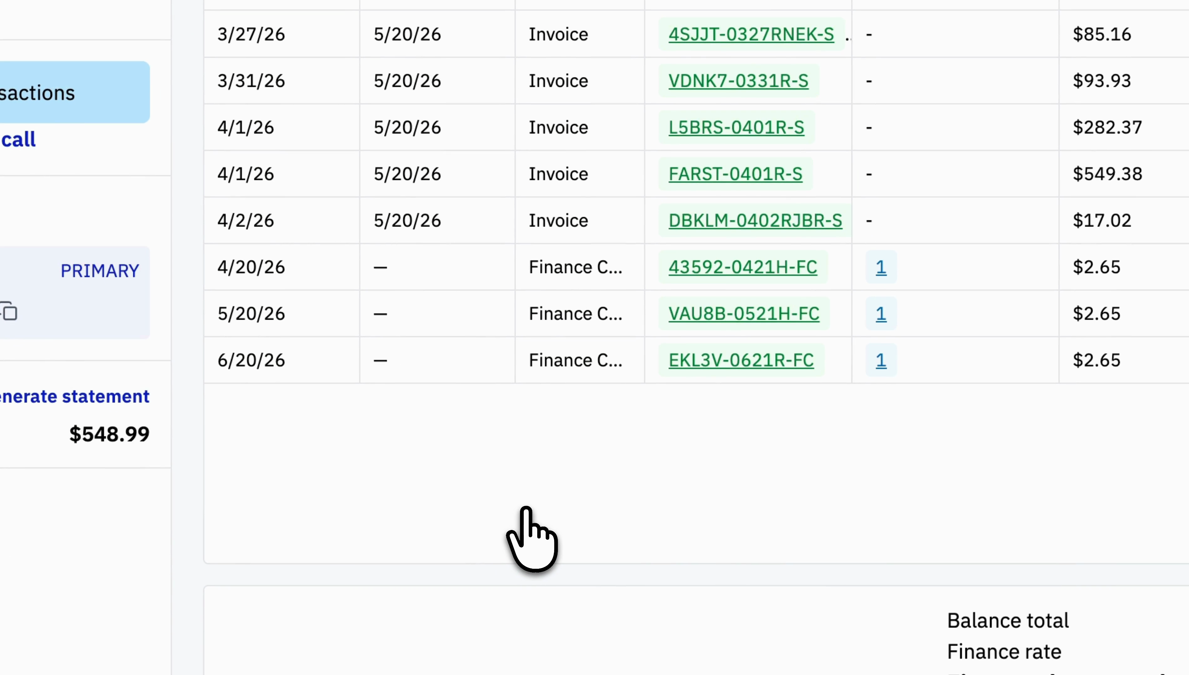 An expanded finance charge showing the customer's transaction detail, with Finance Charge line items and their balances