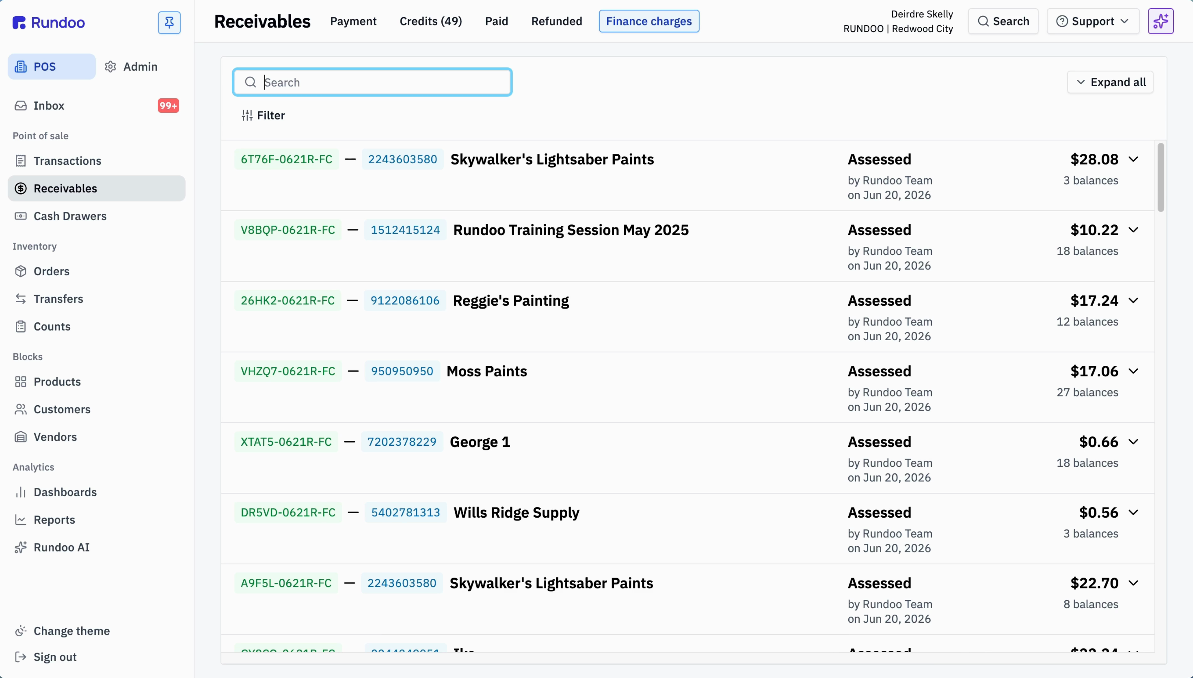 The Receivables screen in POS with the Finance charges tab selected, showing a list of assessed finance charges by customer