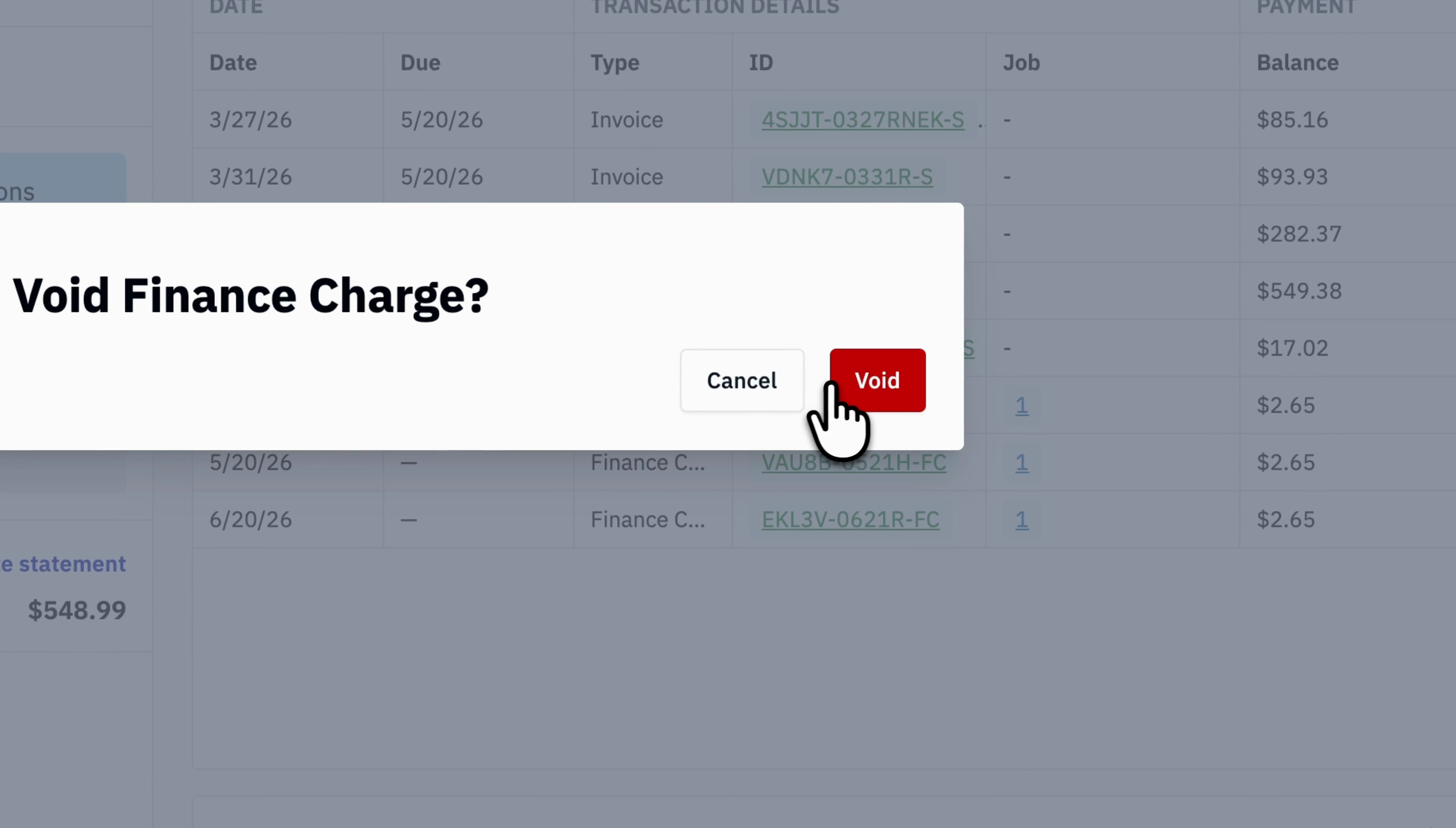 The Void Finance Charge confirmation box with Cancel and Void buttons