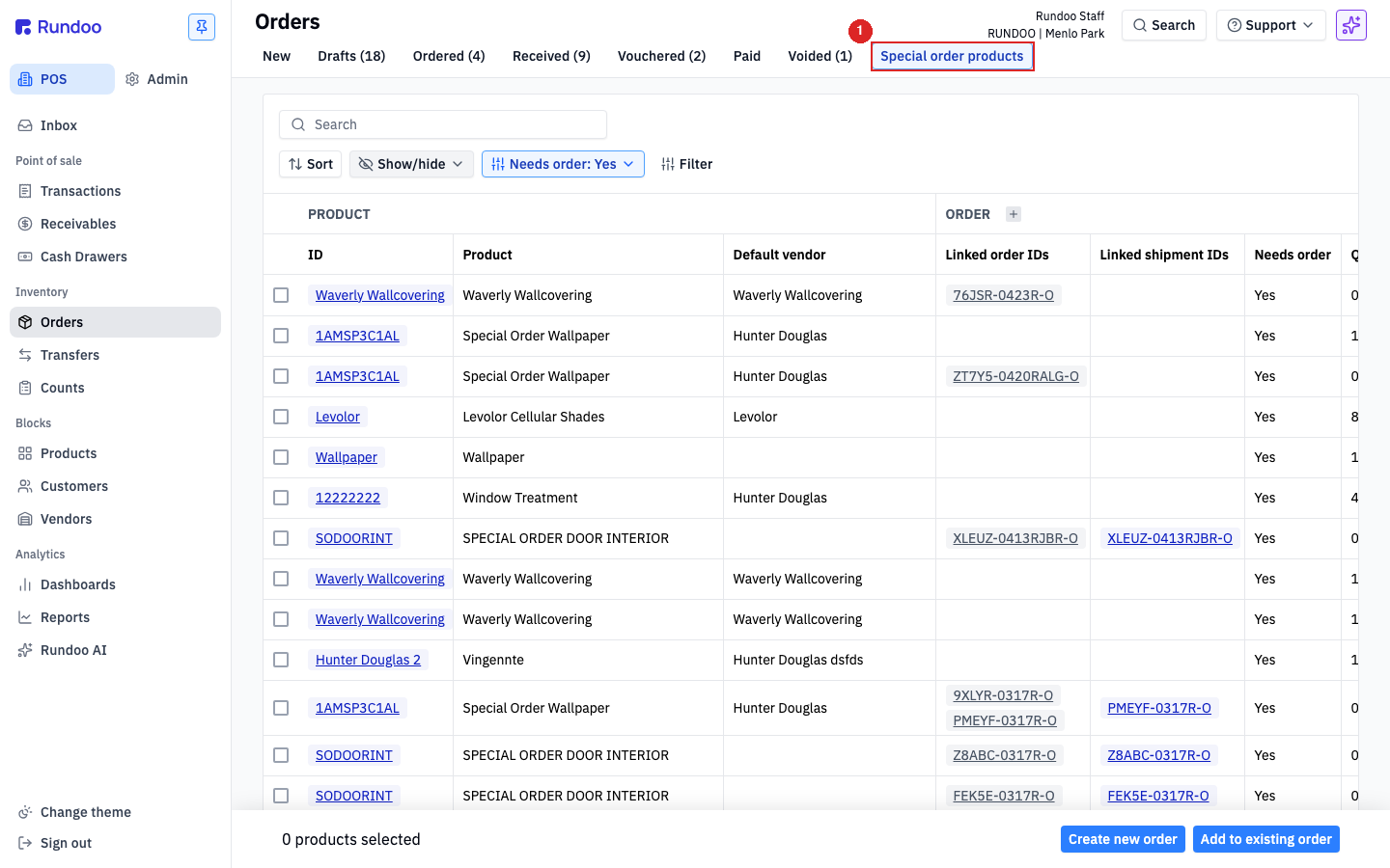The buyer's Special order products list under Orders, with a line checked and the Create new order button