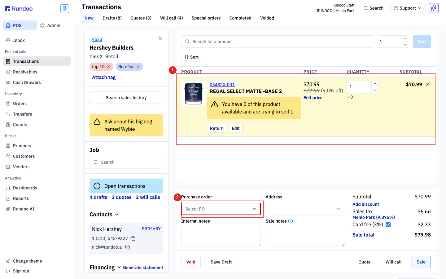 A sale in progress with an out-of-stock line flagged, and the Purchase order selector below the cart